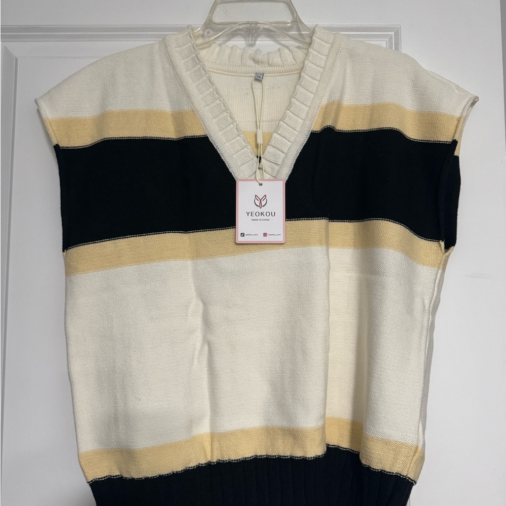 Women's V-Neck Striped Sweater Vest - Black, Cream, Tan